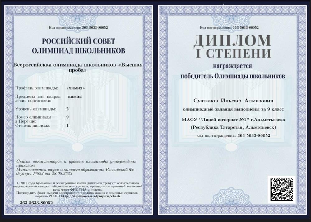 Всероссийская олимпиада школьников «Высшая проба» – Диплом 1 степени (9 класс)