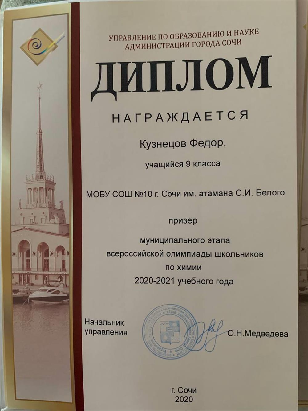 Призёрство в муниципальном этапе олимпиады по химии, 9 класс
