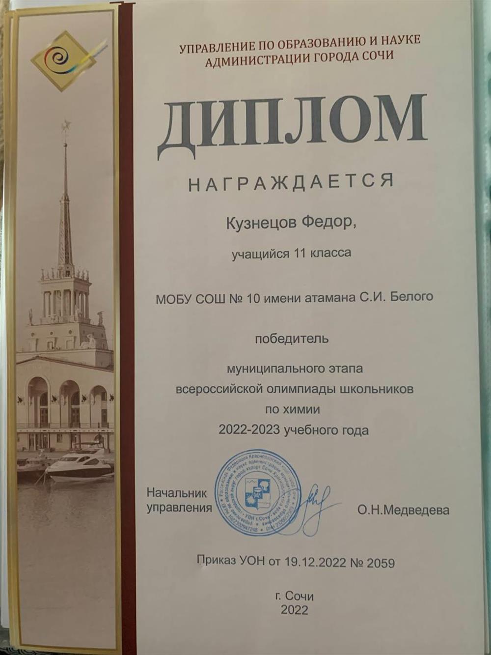 Победитель муниципального этапа по химии, 11 класс