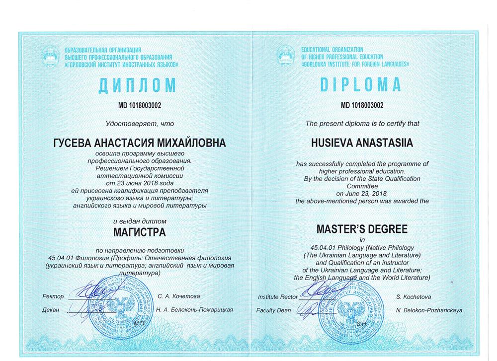 Диплом магистра, специальность преподаватель английского языка и зарубежной литературы 