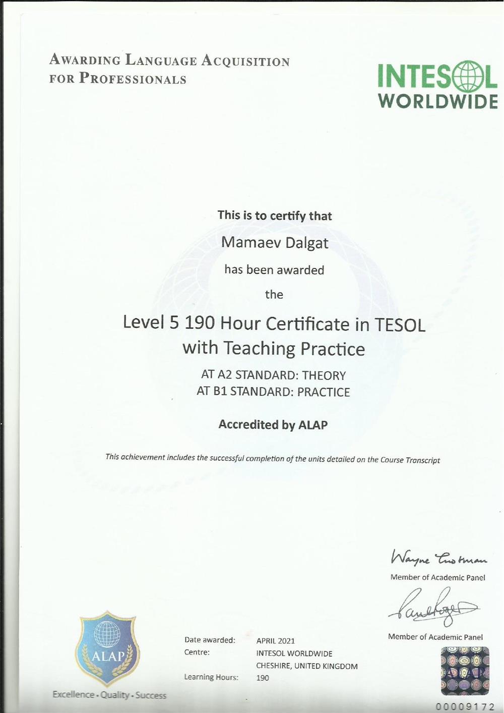 TESOL 190 Certificate 