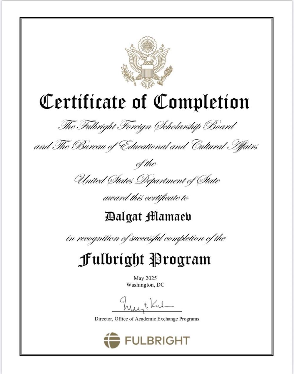 Сертификат об участи в программе Fulbright FLTA 2023-2025.  