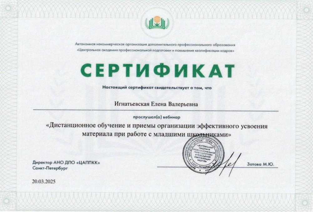 Сертификат вебинара "Дистанционное обучение младших школьников"