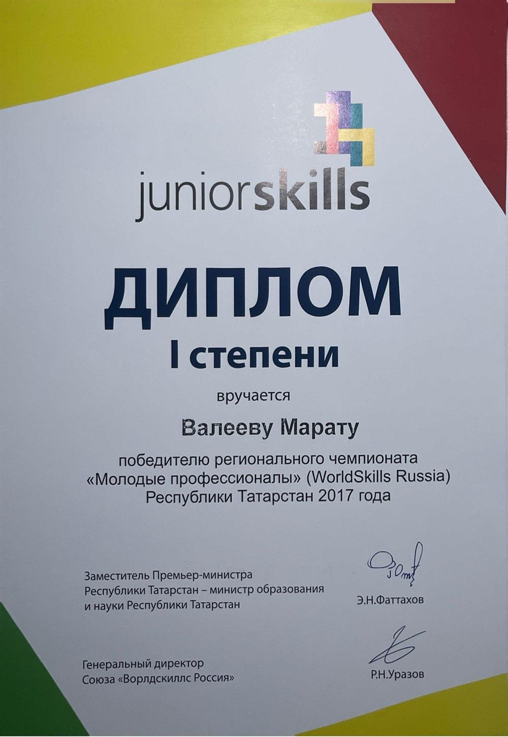 Победитель Международного профессионального конкурса JuniorSkills (WorldSkills) на уровне Республики Татарстан