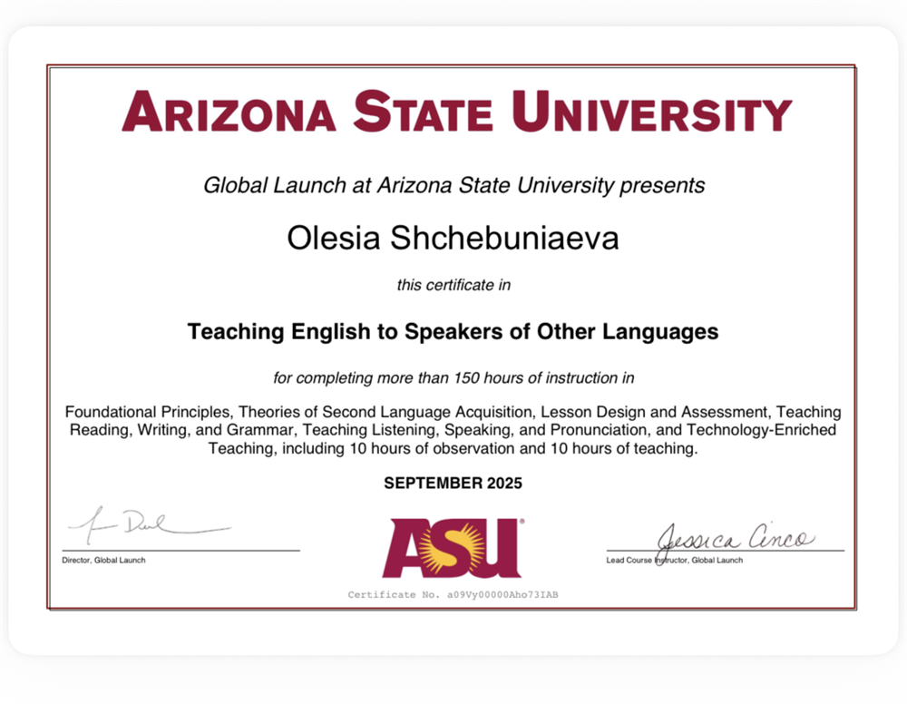 Tesol Certificate  / Teaching English to Speakers of other Languages 