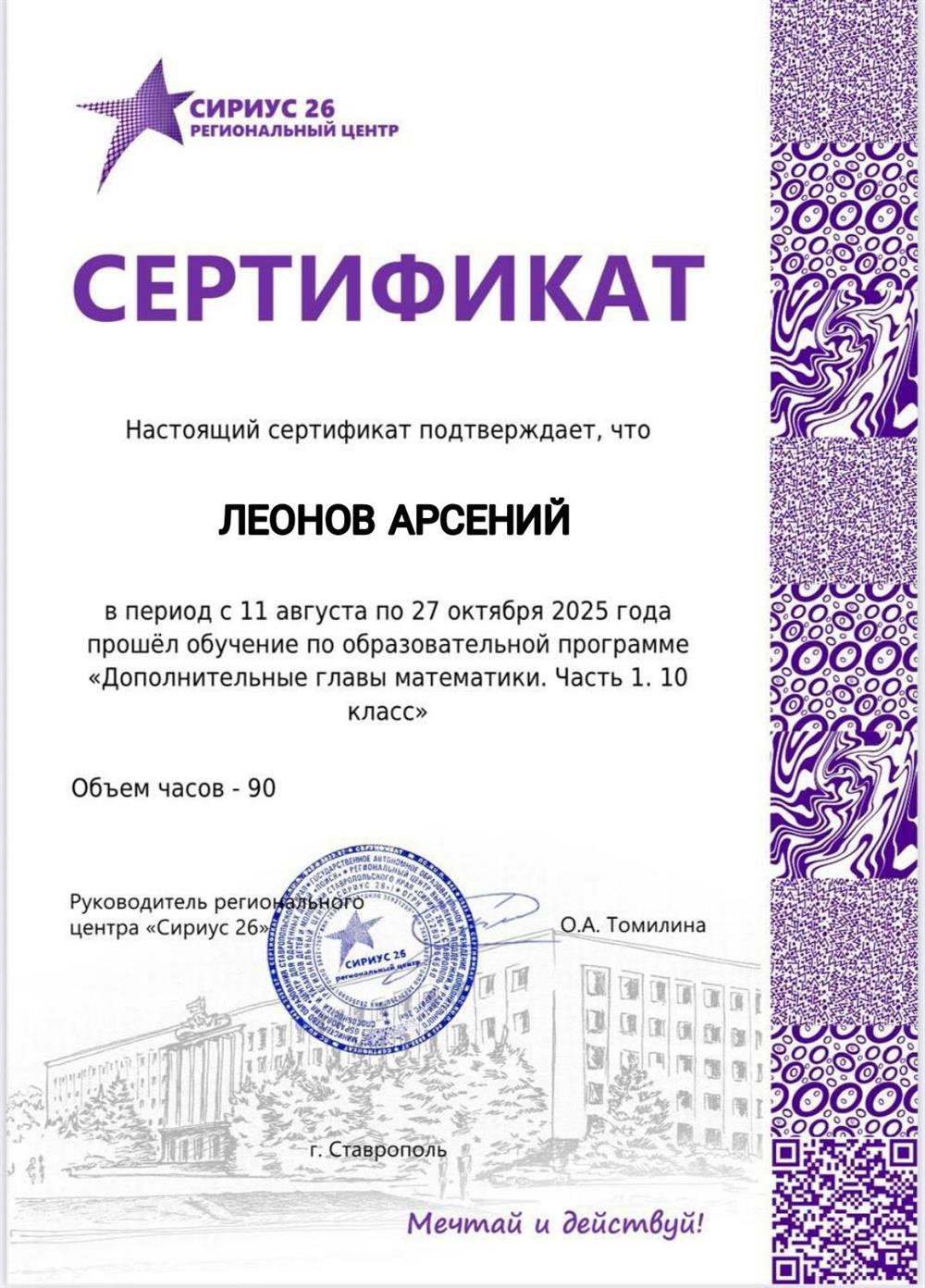 Сертификат. Дополнительная математика
