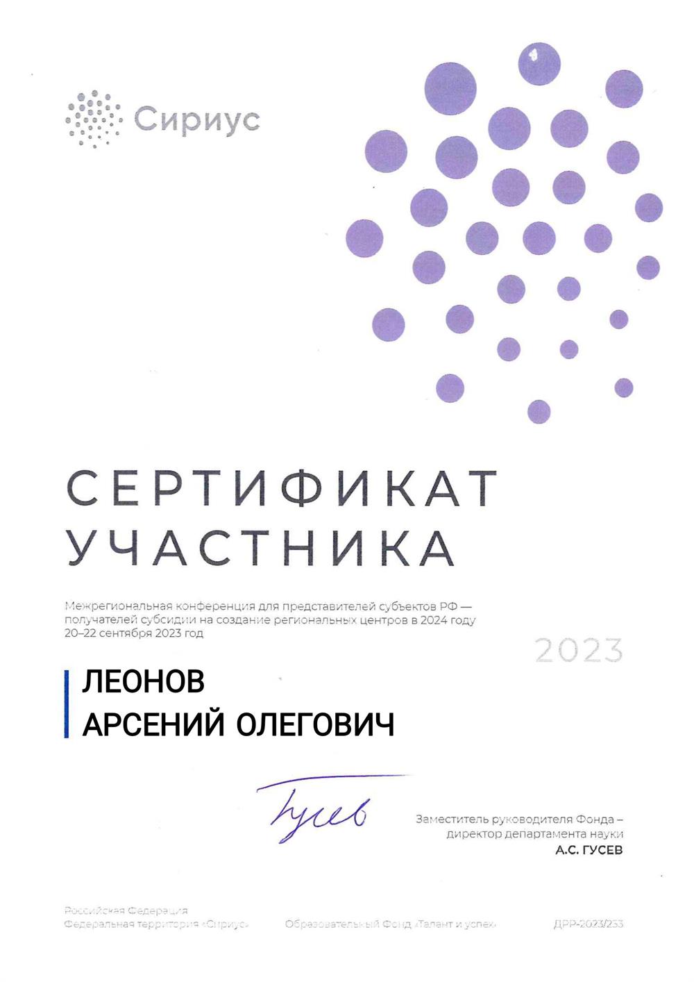 Сертификат. СИРИУС
