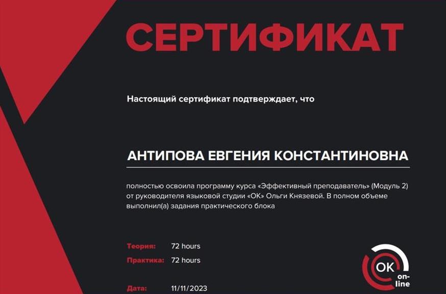 Сертификат. Программа по методике преподавания