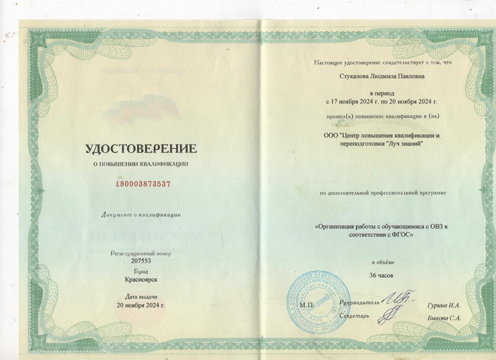 Удостоверение повышения квалификации "Работа с обучающимися с ОВЗ"