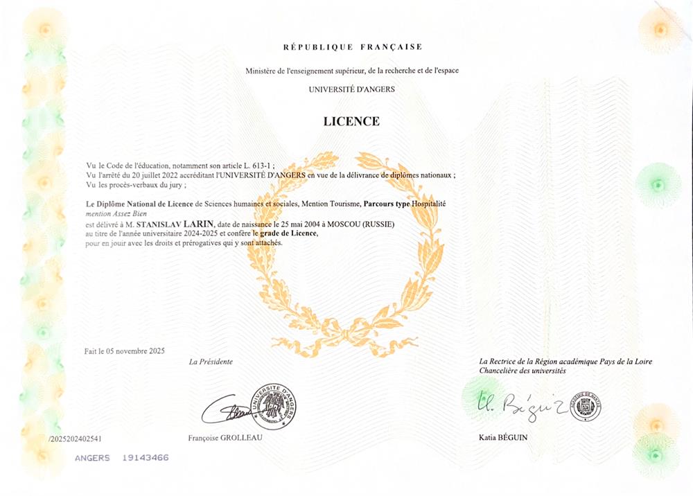 Licence Tourisme parcours Hospitalite Universite d'Angers 2022-2025