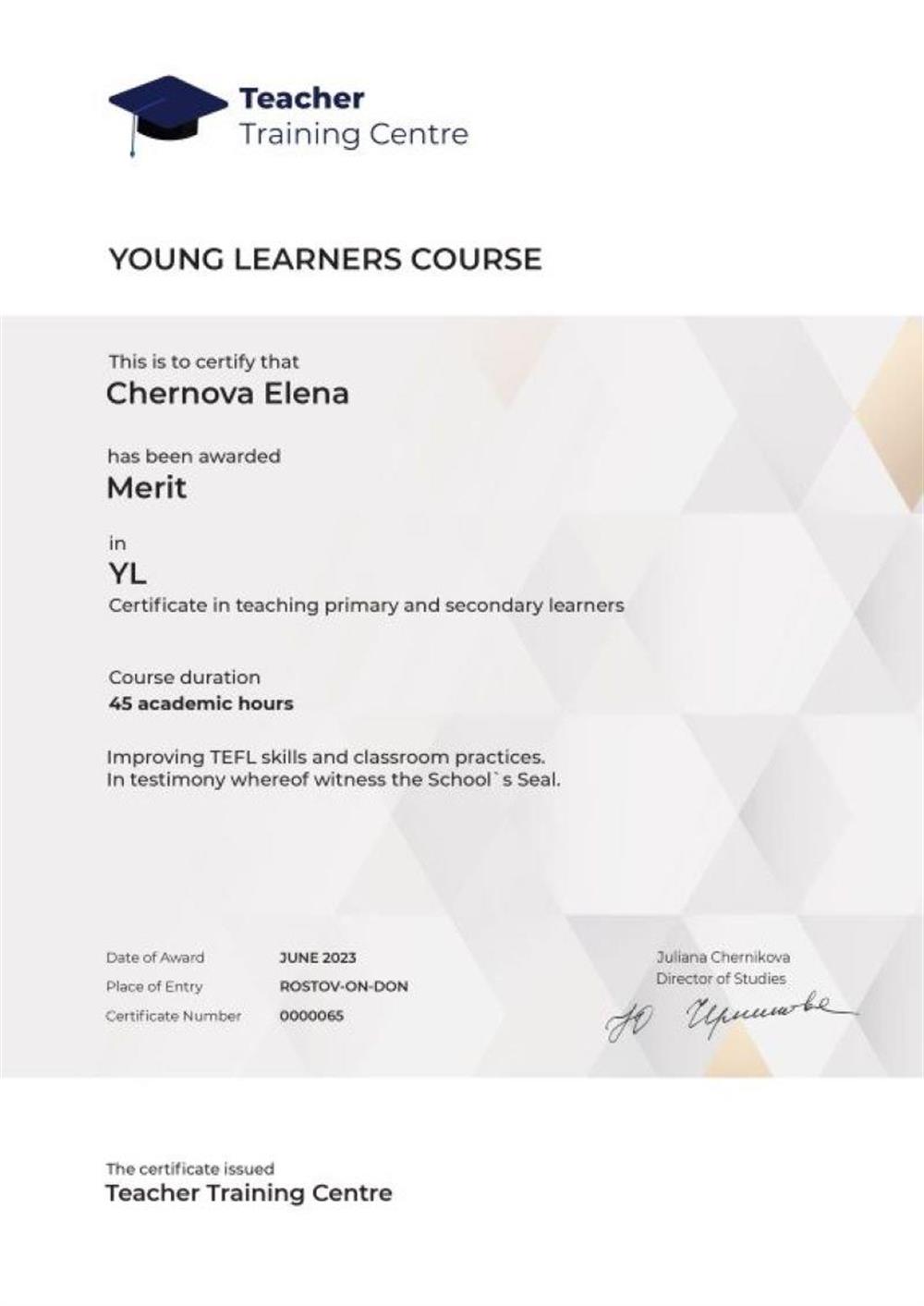 YOUNG LEARNERS COURSE - сертификат по обучению английскому языку младших школьников