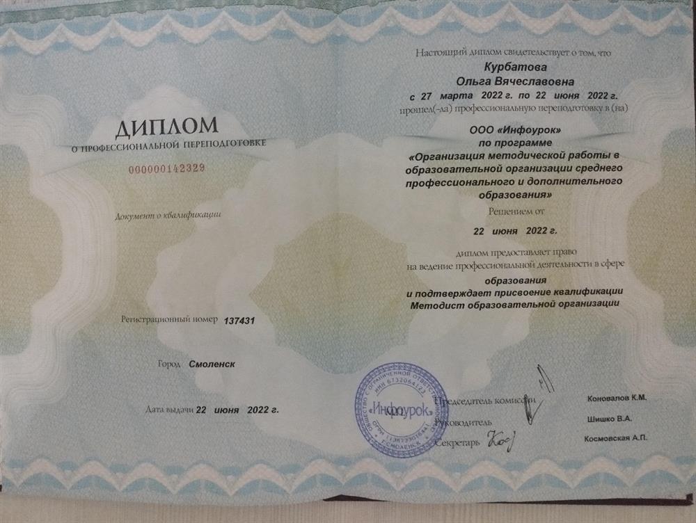 Диплом. Специальность: методист образовательной организации