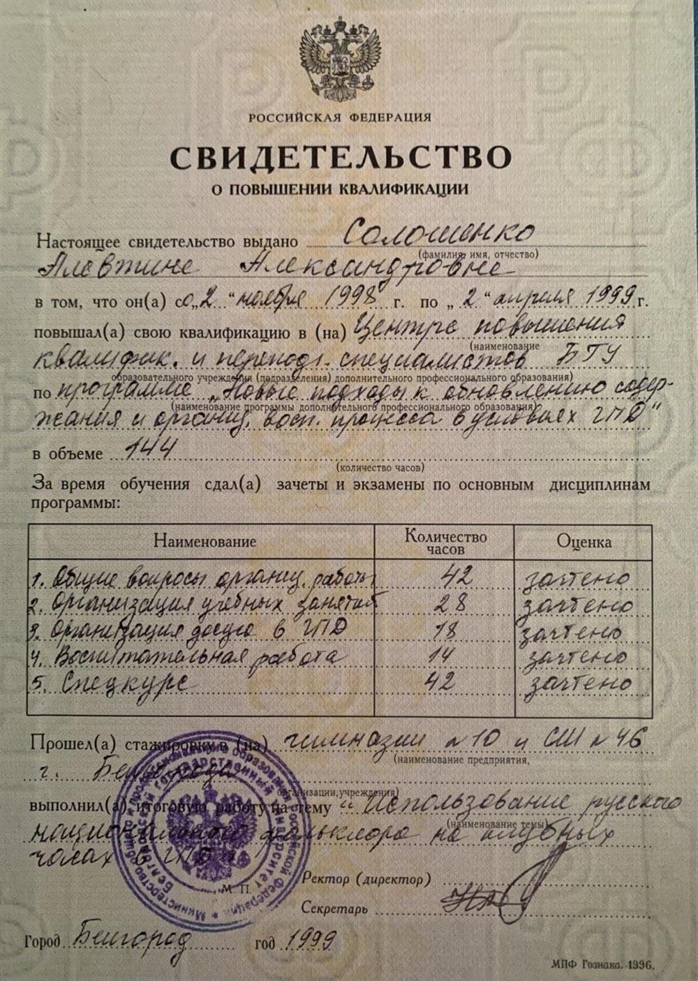 свидетельство о повышении квалификации