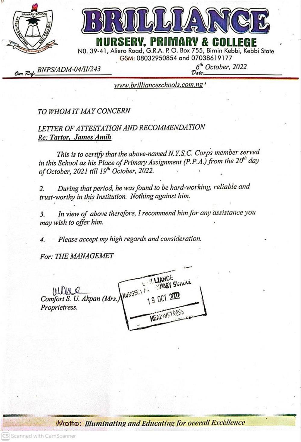 Recommendation Letter from Employer