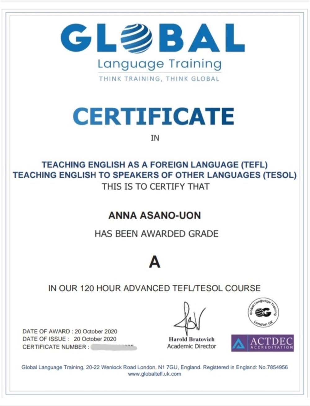 Сертификат TEFL/TESOL