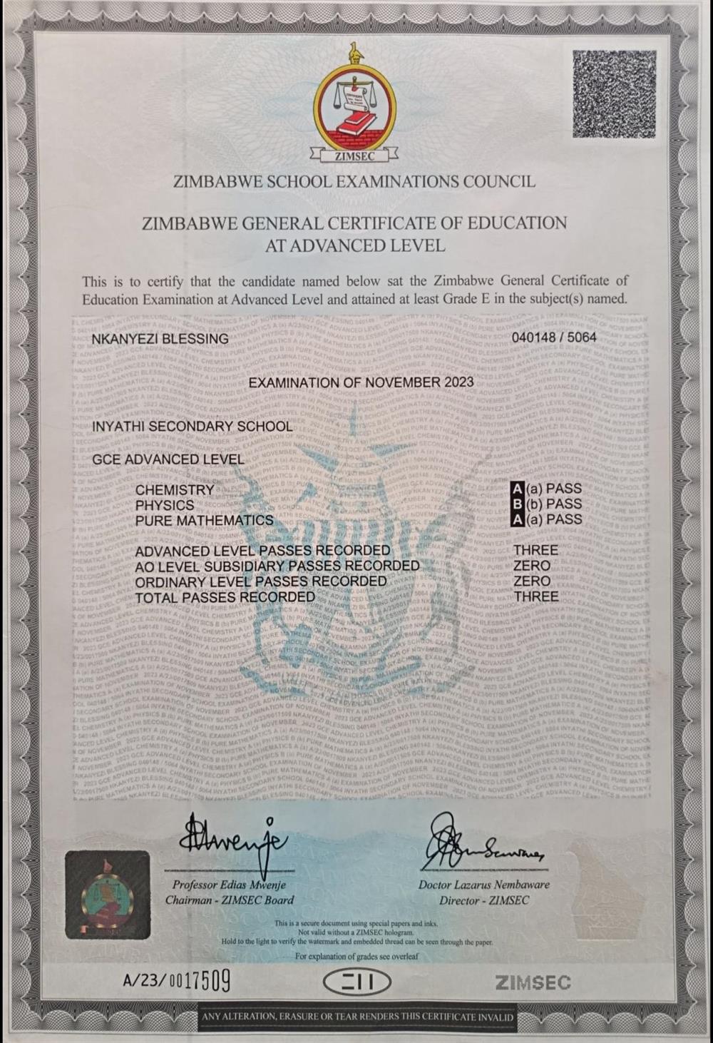 This is my Advanced Level education certificate, in which all subjects were completed in the English Medium. 