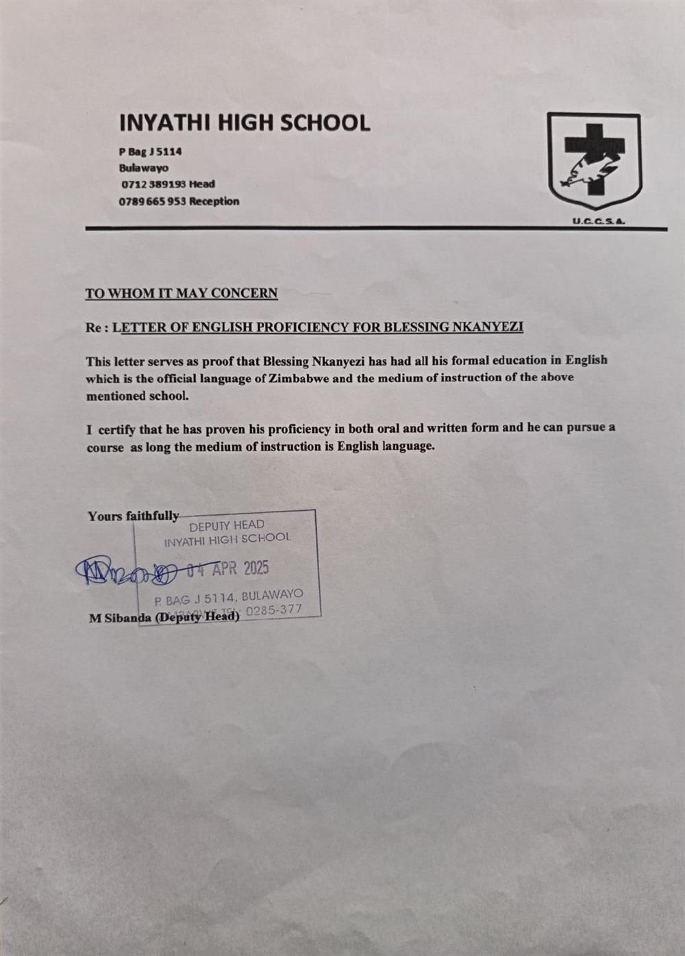 This is my English proficiency reference letter from my previous school.