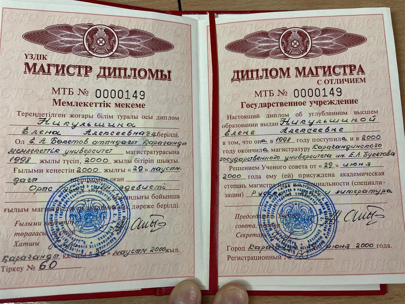 Диплом магистра филологических наук с отличием