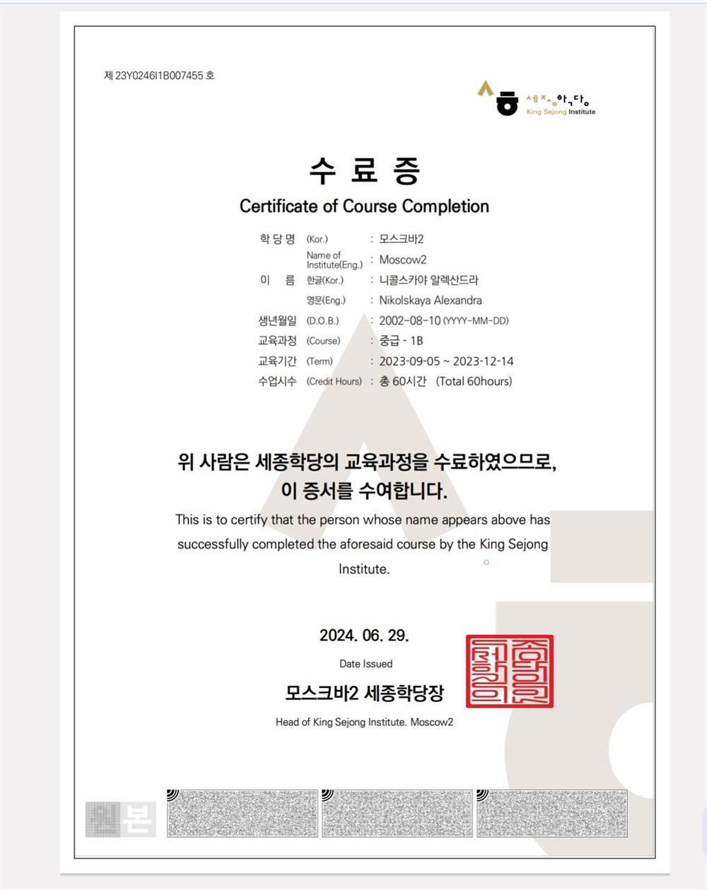 Сертификат. Курсы корейского языка Sejong Institute 