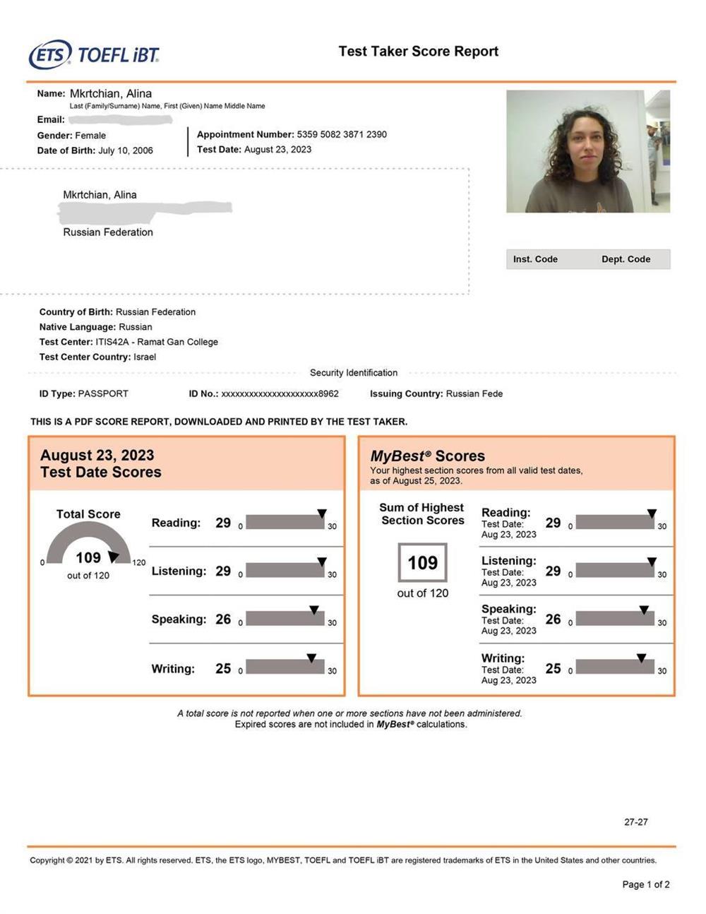 Сертификат. TOEFL iBT Score Report page 1