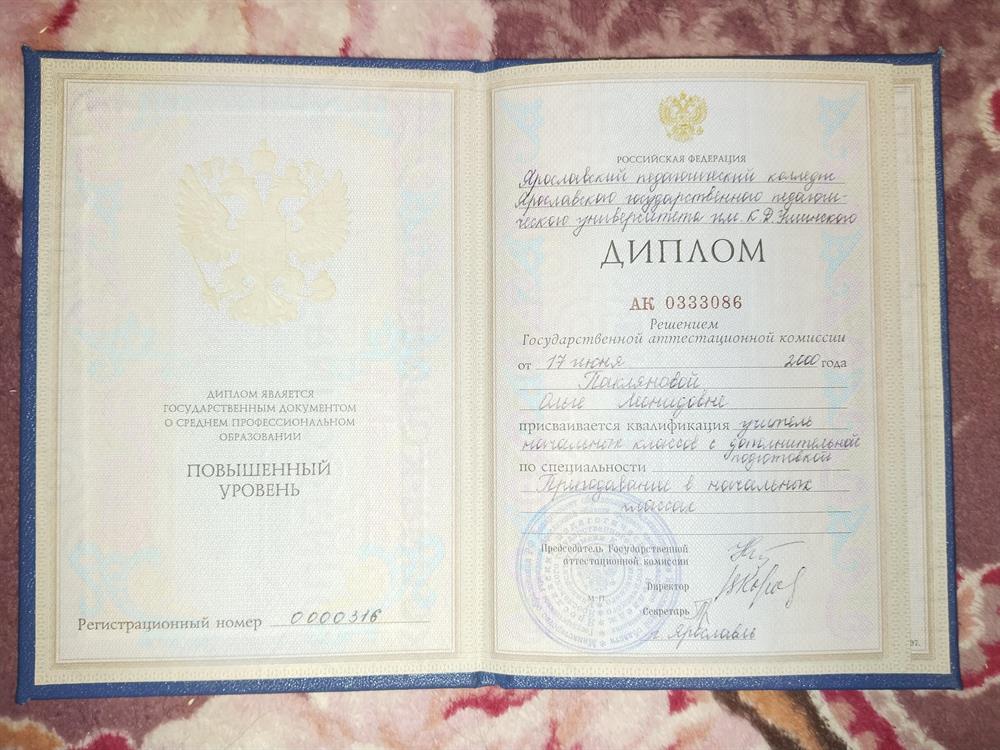 Диплом Ярославского педагогического колледжа Ярославского государственного педагогического университета им. К.Д. Ушинского о присвоении квалификации "Учитель начальных классов с дополнительной подготовкой в области изобразительного искусства" от 17.06.2000