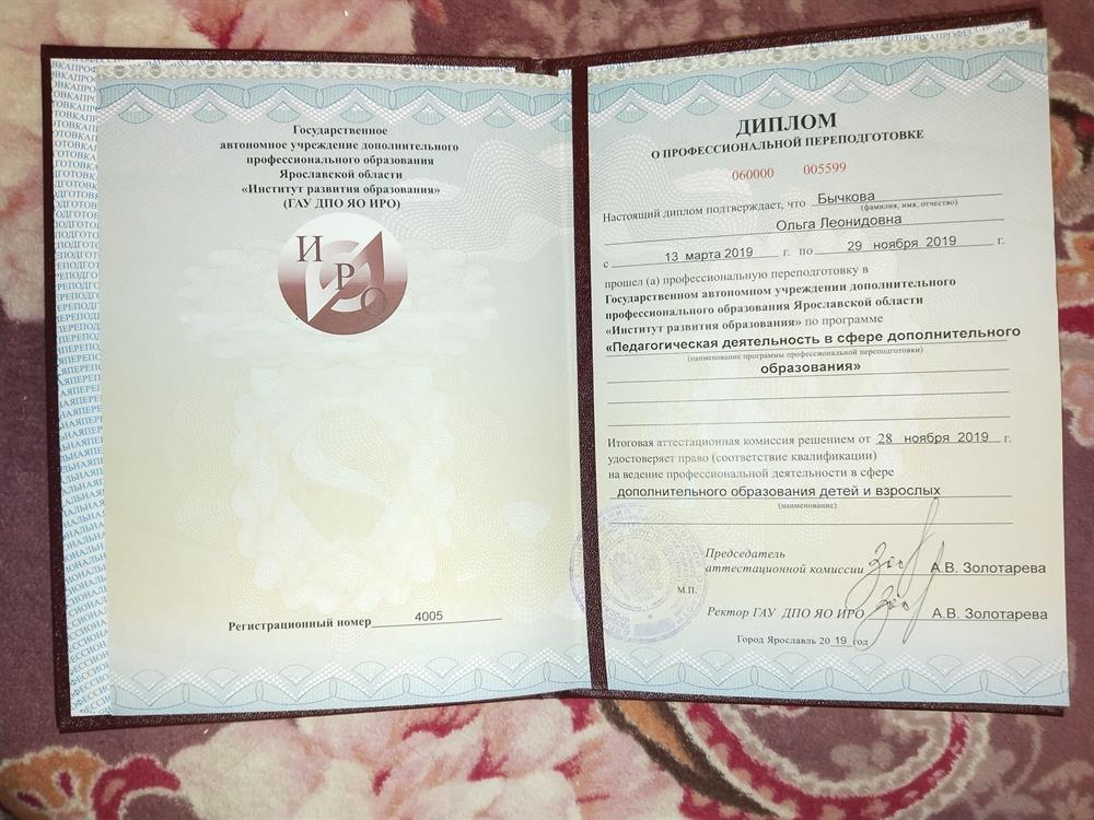 Диплом о профессиональной переподготовке в ГАУ ДПО ЯО ИРО по программе "Педагогическая деятельность в сфере дополнительного образования" от 28.11.2019