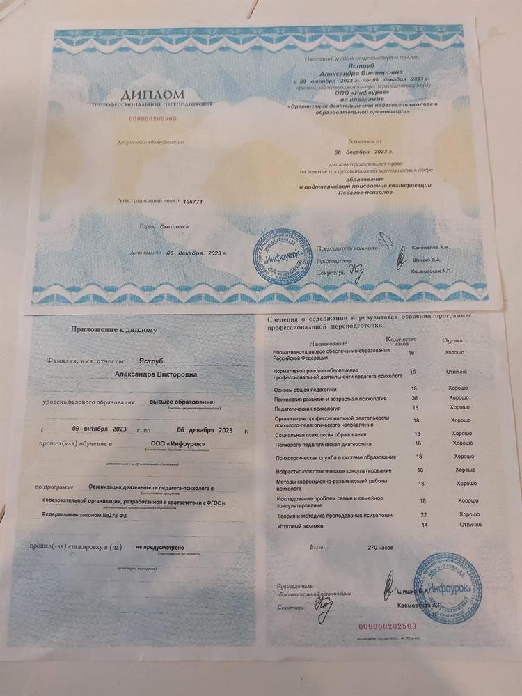 Диплом о профессиональной переподготовке. Педагог - психолог