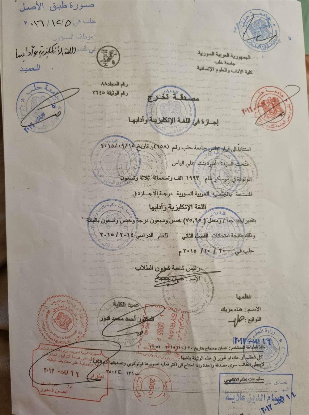 Диплом Университет Алеппо