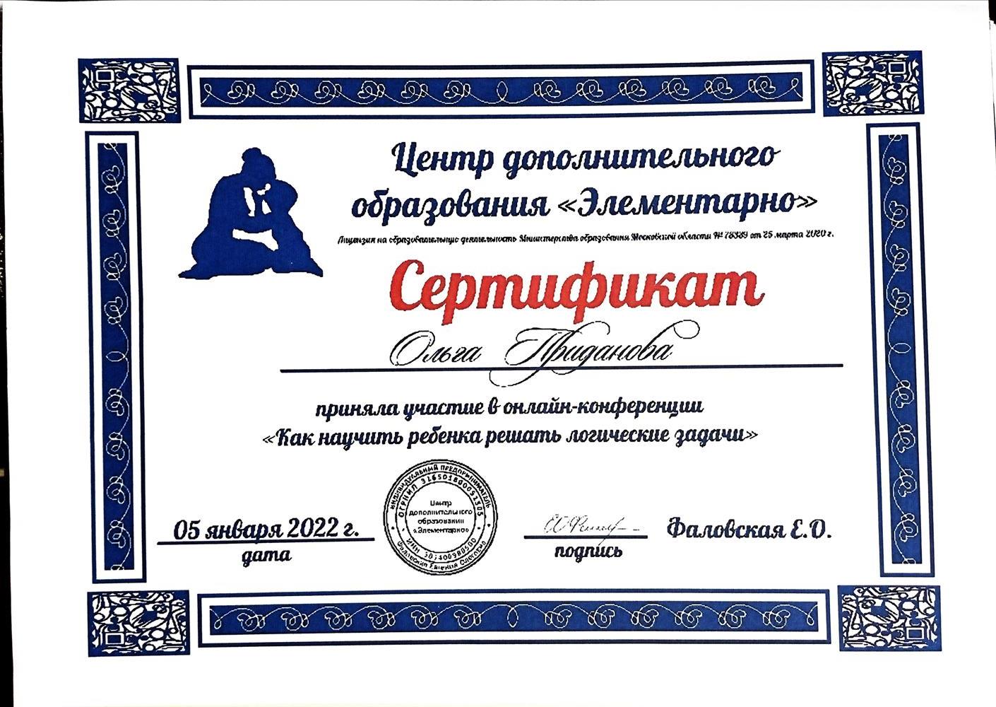 Сертификат в участии в онлайн конференции 