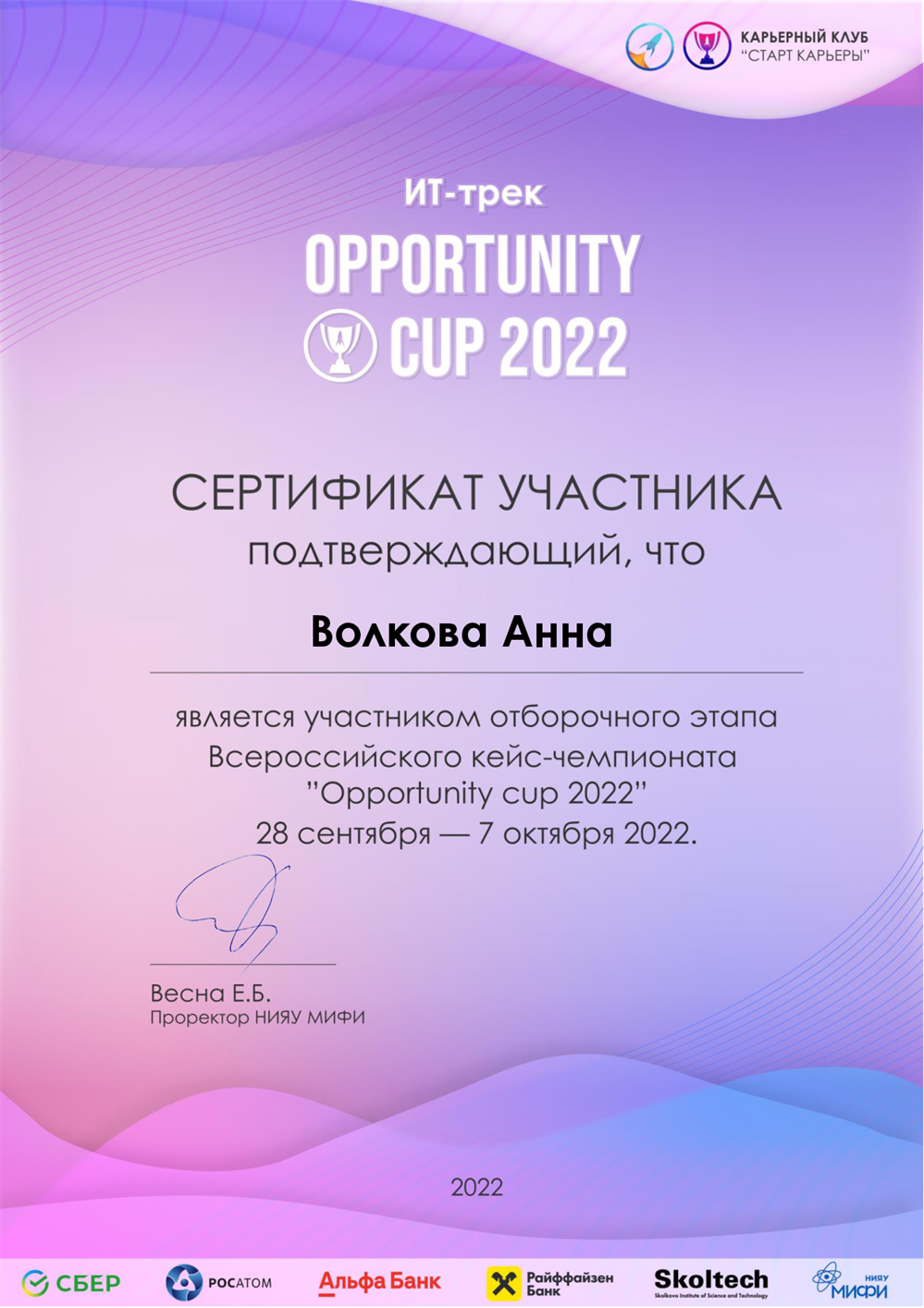 Сертификат об участии в IT кейс-чемпионате (выполняли кейс от банка, писали код)