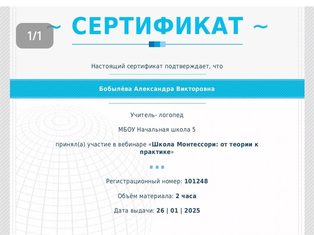 Сертификат "Школа Монтессори"