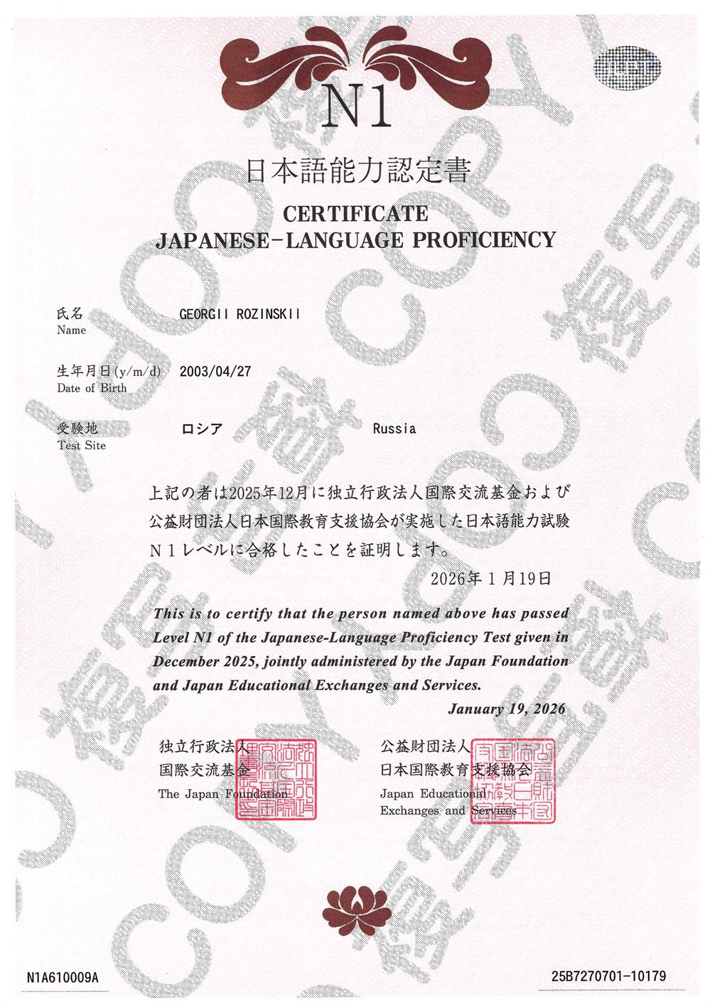 Сертификат JLPT N1