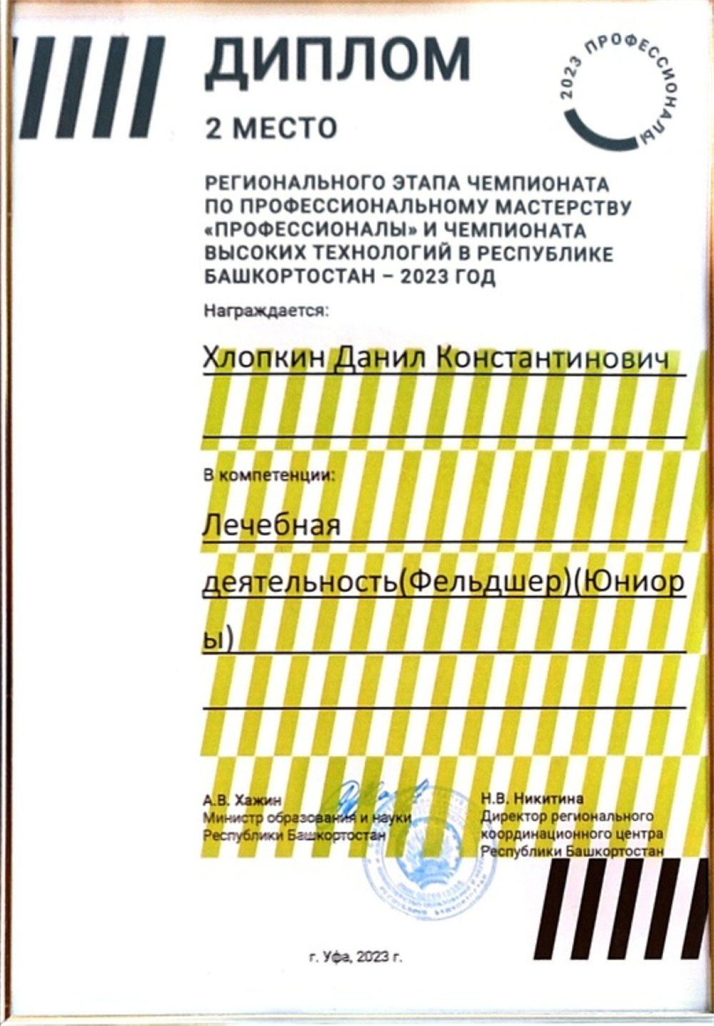 Диплом регионального этапа профессионального мастерства