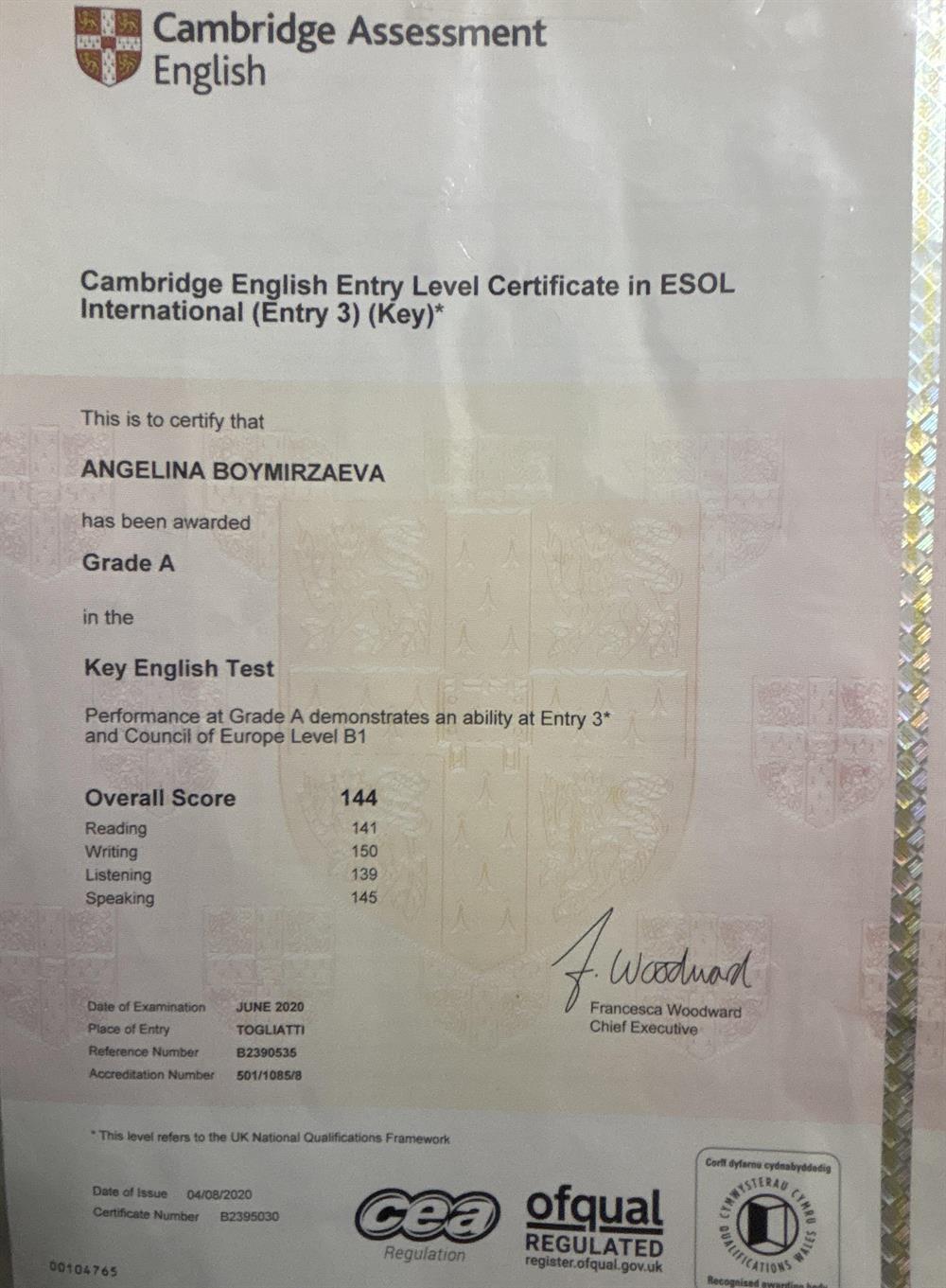 Cambridge key level test 
144/150
B1 
2020