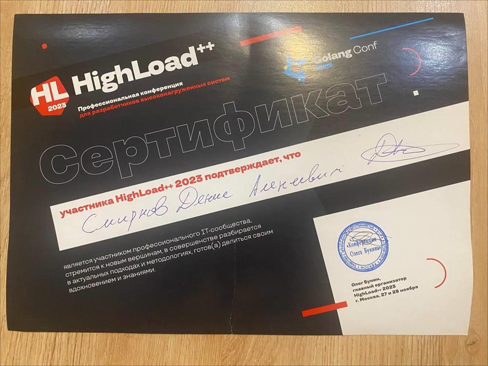 Сертификат участника HighLoad++ 2023