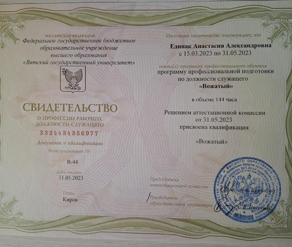 Свидетельство о профессии рабочего, должности служащего "Вожатый"
