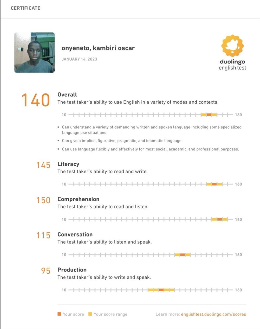 Я предоставляю сертификат Duolingo English Test от 14 января 2023 года с общим баллом 140. Английский язык является моим первым языком, и я использую его естественно и постоянно в профессиональном, академическом и повседневном общении. Мой уровень владения языком остаётся высоким и активным.
