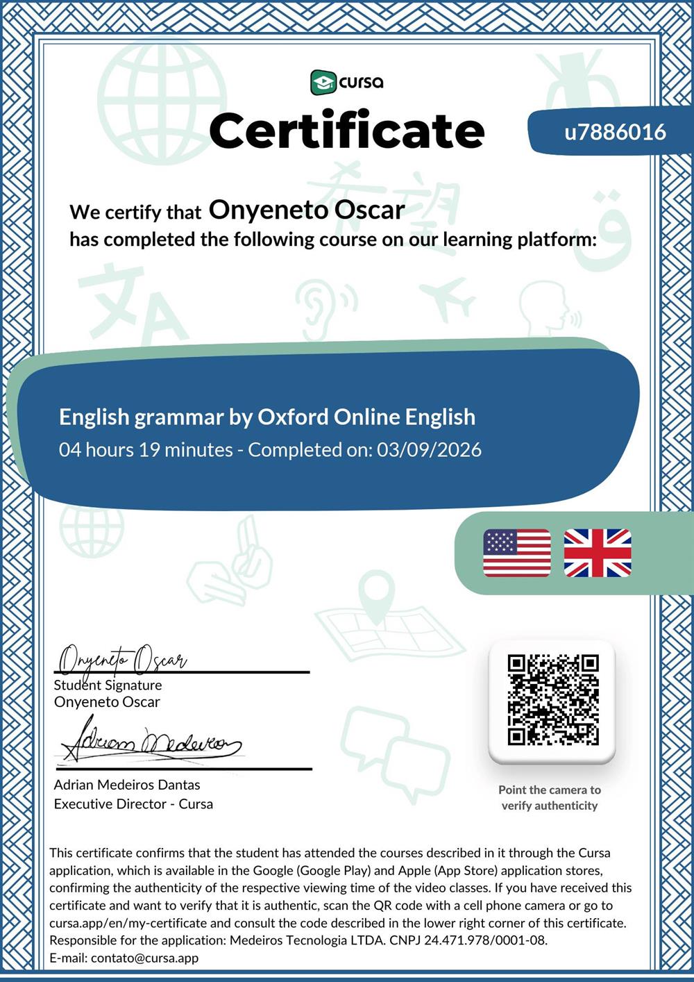 Сертификат завершения курса “English Grammar” от Oxford Online English.

Подтверждает глубокое знание английской грамматики: правила построения предложений, времена, условные конструкции, артикли, предлоги и типичные ошибки. Идеально для преподавания начинающим и среднему уровню