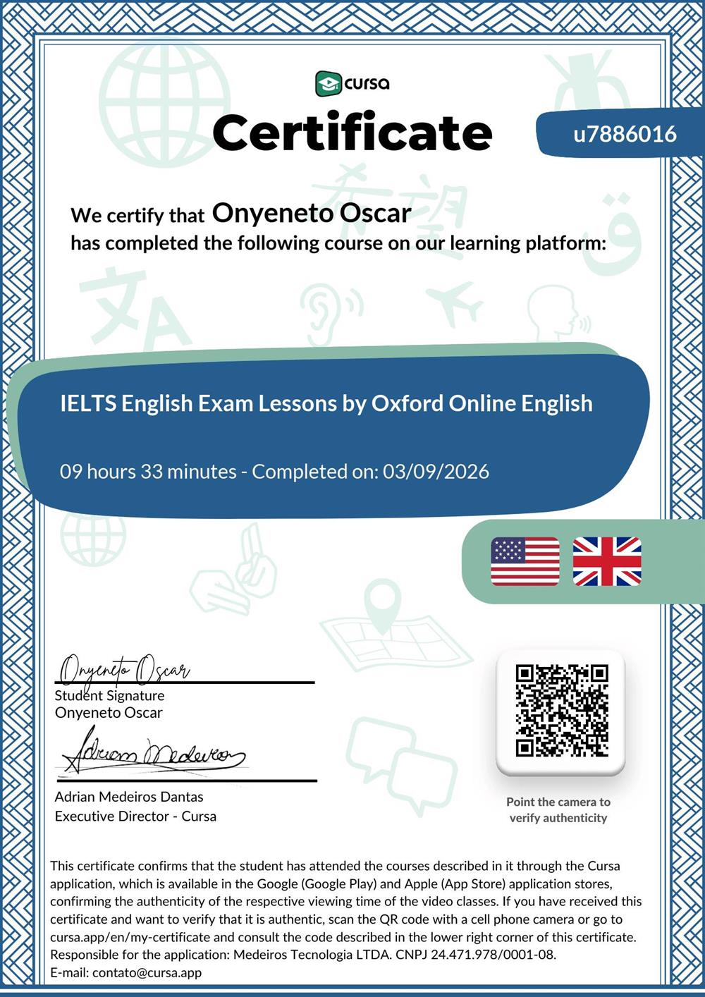 Сертификат завершения курса “IELTS English Exam Lessons” от Oxford Online English.

Подтверждает знания подготовки к IELTS: все секции экзамена (Listening, Reading, Writing, Speaking), стратегии сдачи, типичные ошибки и техники для высокого балла.