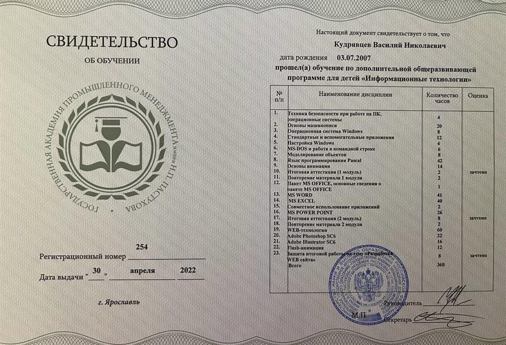 Диплом об окончании курсов дополнительного образования в области компьютерной грамотности 