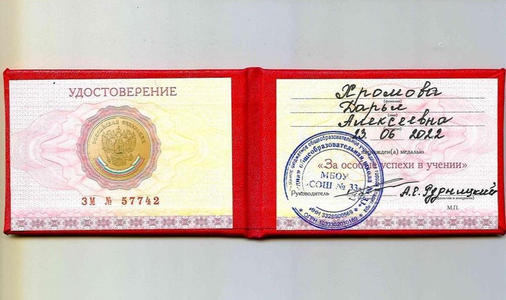 Медаль «За особые успехи в учении»