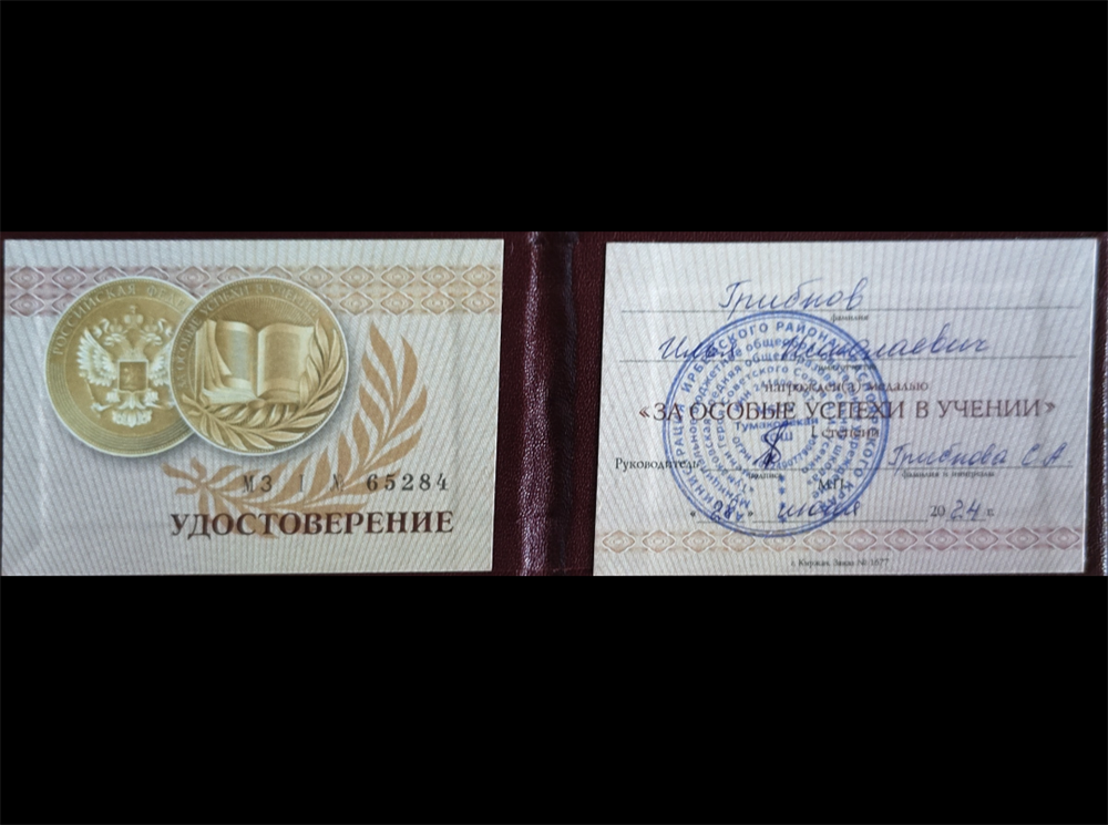 Удостоверение о получении медаль за особые успехи в учении 