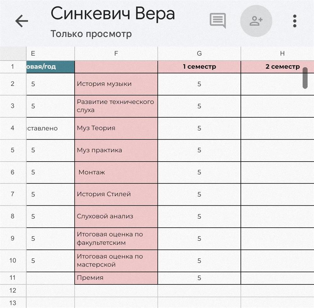 Оценки по звукорежиссёрским предметам
