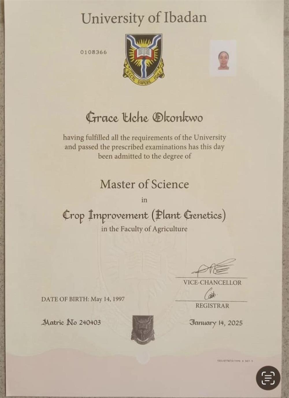 Certificate for the completion of a Masters in Crop Improvement(Plant Genetics)