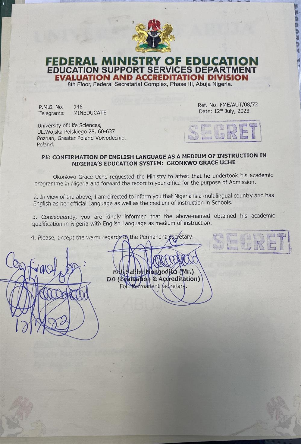 Certificate of confirmation of English Language as the medium of Instruction in Nigeria's Education System