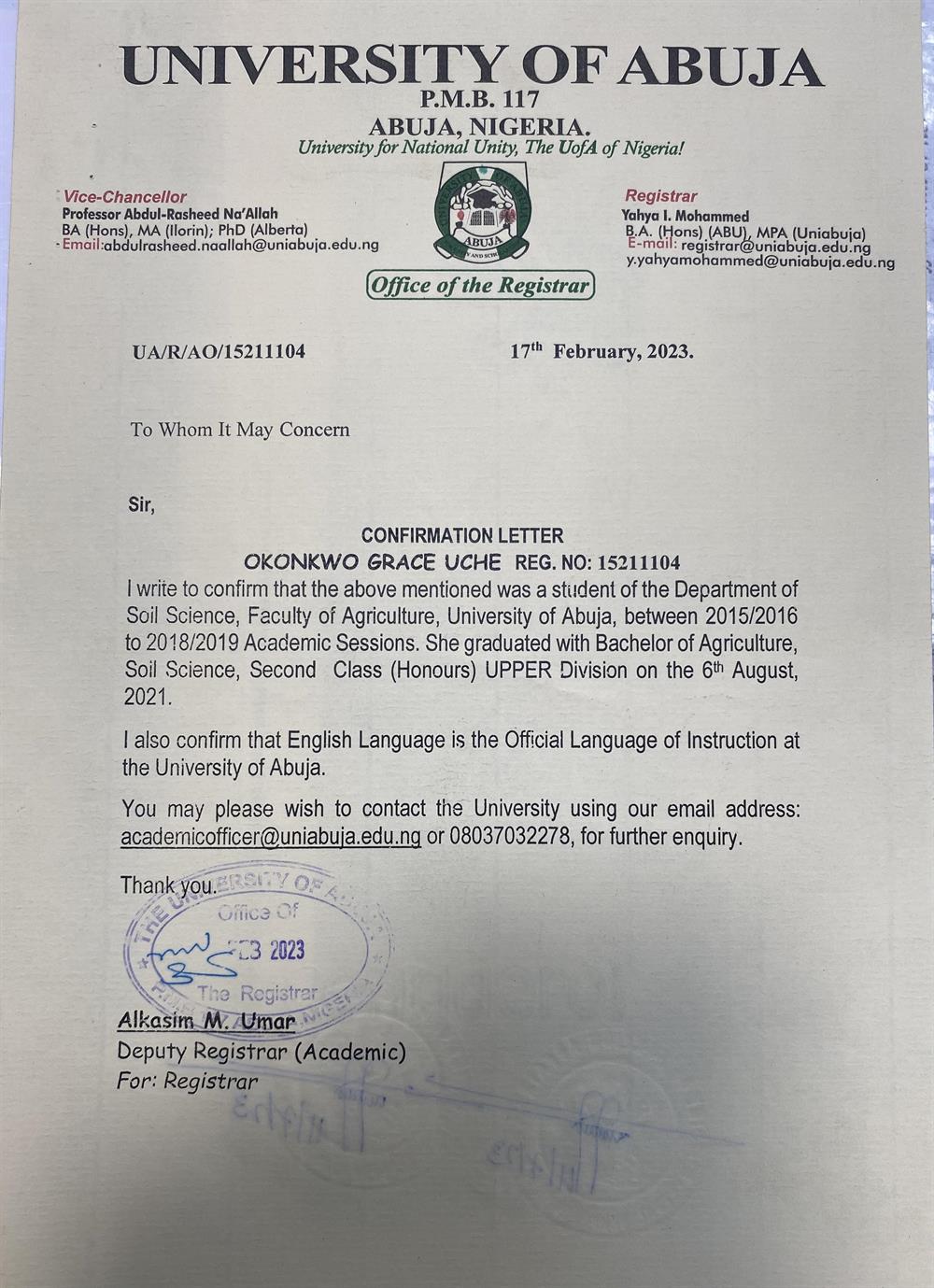 Certificate of Confirmation of English Language as the medium of Instruction at the University of Abuja