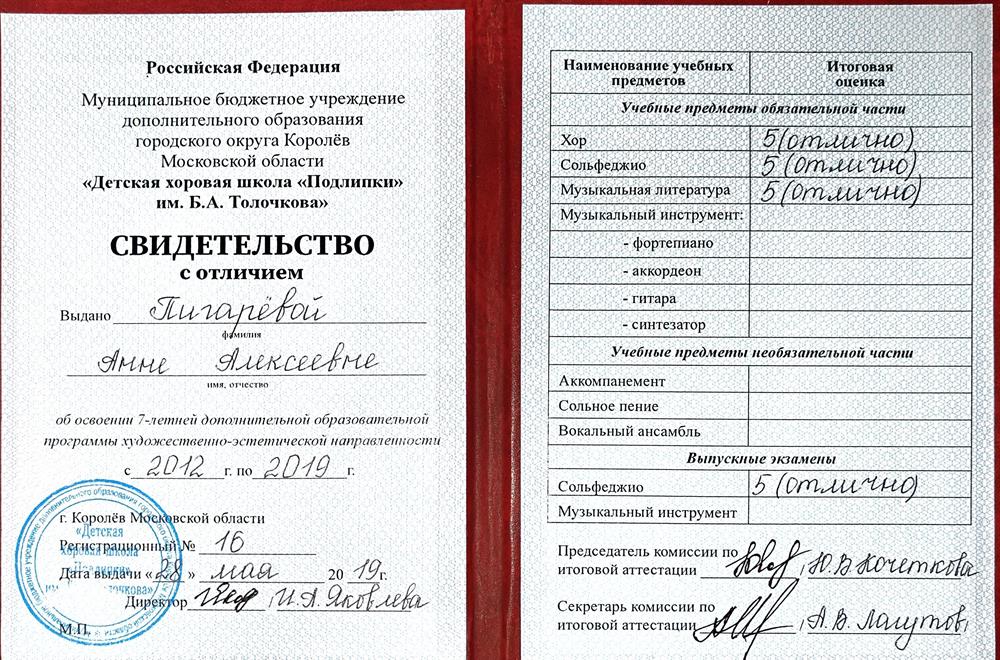 Свидетельство с отличием об окончании хоровой школы