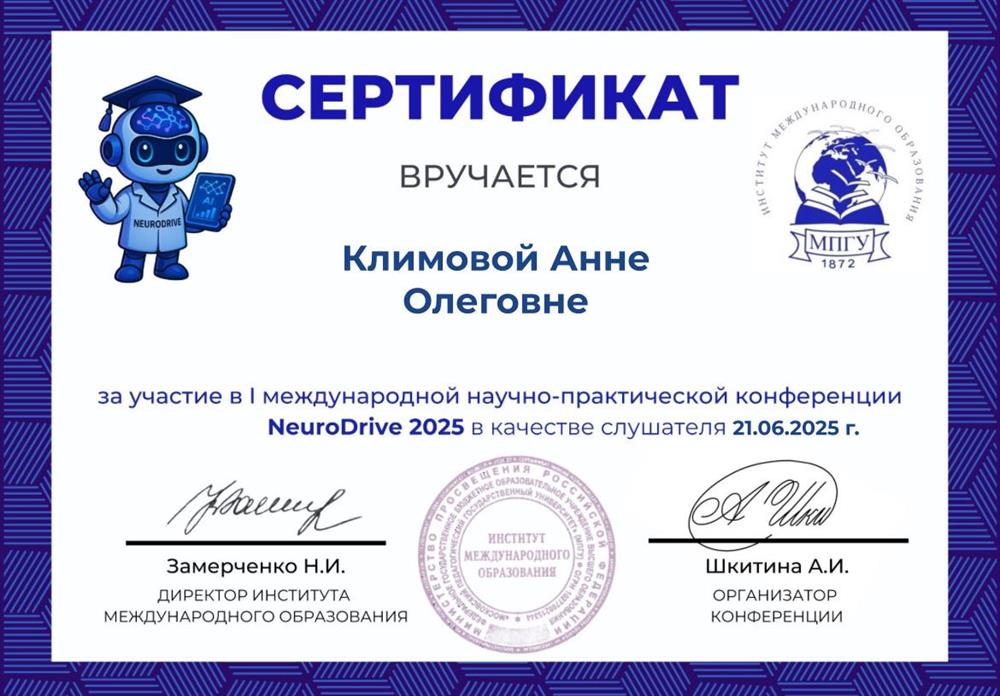 Сертификат, подтвержадющий участие в конференции NeuroDrive 2025