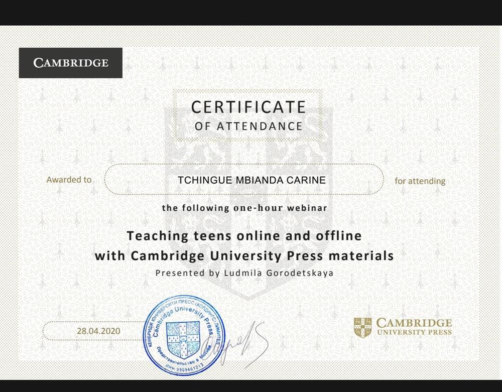 Это сертификат об участии в вебинаре от Cambridge University Press.