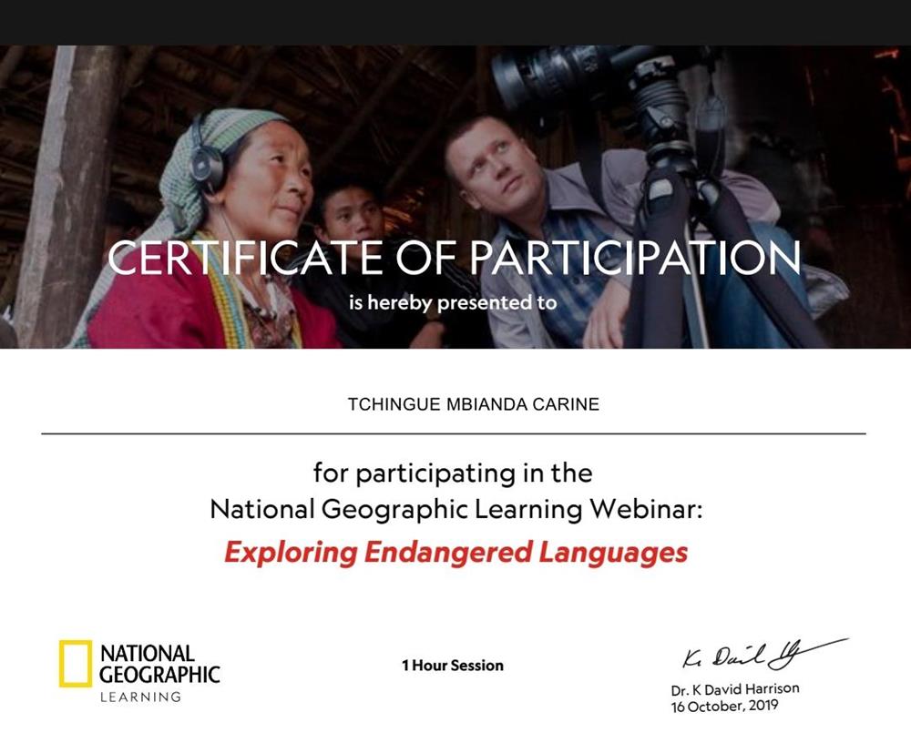 Это сертификат об участии в вебинаре от National Geographic Learning.